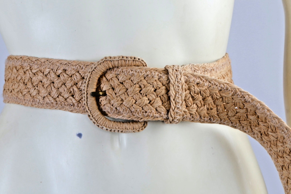 Lauren Ralph Lauren Belt L Woven Raffia Straw Wide Braided Tan Beige Summer Boho